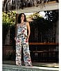 Color:Teal - Image 4 - Tropical Floral Print Sleeveless V-Neck Woven Pant Pajama Set