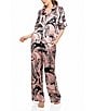 Midnight Bakery Western Boot Print Short Sleeve Notch Collar Satin Long Pajama Set, Color:Mauve - Image 1