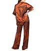 Midnight Bakery Wild Cat Print Short Sleeve Notch Collar Long Satin Pajama Set, Color:Rust - Image 2