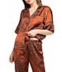 Midnight Bakery Wild Cat Print Short Sleeve Notch Collar Long Satin Pajama Set, Color:Rust - Image 3