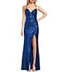 Color:Sky Blue - Image 1 - Sequin V-Neck Criss Cross Back Side Slit Long Dress