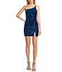 Midnight Doll One Shoulder Sequin Front Slit Bodycon Dress, Color:Sapphire - Image 1