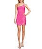 Midnight Doll One Shoulder Sequin Front Slit Bodycon Dress, Color:Neon Pink - Image 1