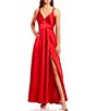 Color:Red - Image 3 - Double Spaghetti Strap V-Neck Open Strappy Back Charmeuse Satin Long Dress