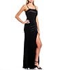 Color:Black - Image 3 - Feather Trim Front Slit Long Dress
