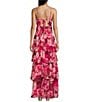 Color:Wine/Berry - Image 2 - Floral Chiffon V-Neck Tiered Side Slit Dress