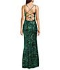 Midnight Doll Floral Patterned Sequin Double Spaghetti Strap V-Neck Side Slit Dress - Image 2