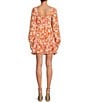 Color:Ivory/Orange - Image 2 - Floral Print Long Sleeve Tie Front Tiered Dress