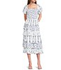 Midnight Doll Floral Print Short Puff Sleeve Tiered Ruffle Midi Dress - Image 1