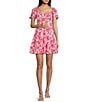 Color:White/Pink - Image 1 - Floral Print Short Sleeve Smocked Back Fit & Flare Mini Dress