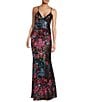 Color:Black/Multi - Image 1 - Floral Sequin V-Neck Lace-Up Back Long Dress