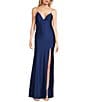 Midnight Doll Jersey Knit Satin V-Neck Rhinestone Strap Lace Up Back Side Slit Long Dress - Image 5