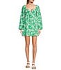 Color:Ivory/Green - Image 1 - Long Sleeve Sweetheart Split V-Neck Printed Bubble Texture Woven A-Line Dress
