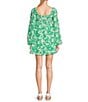 Color:Ivory/Green - Image 2 - Long Sleeve Sweetheart Split V-Neck Printed Bubble Texture Woven A-Line Dress