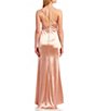 Color:Blush Nude - Image 3 - One-Shoulder Double Spaghetti Strap Satin Long Slit Hem Dress