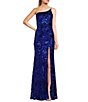 Midnight Doll One Shoulder Floral Sequin Pattern Front Slit Dress - Image 1
