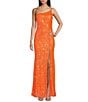 Color:Neon Orange - Image 1 - One-Shoulder Sequin Front Slit Long Dress