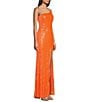 Color:Neon Orange - Image 3 - One-Shoulder Sequin Front Slit Long Dress