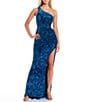 Color:Sapphire - Image 1 - One Shoulder Velvet Sequin Asymmetrical Hem Long Dress