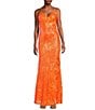 Midnight Doll Patterned Sequin Spaghetti Strap V-Neck Lace-Up Back Dress, Color:Neon Orange - Image 1