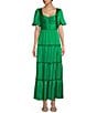 Color:Emerald - Image 1 - Puff Short Sleeve Tiered Crinkle Satin Maxi Dress