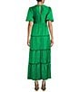 Color:Emerald - Image 2 - Puff Short Sleeve Tiered Crinkle Satin Maxi Dress