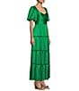 Color:Emerald - Image 3 - Puff Short Sleeve Tiered Crinkle Satin Maxi Dress