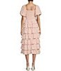 Color:Ivory/Pink - Image 2 - Puff Short Sleeve Tiered Ruffle Dress
