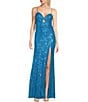 Color:Turquoise - Image 1 - Sequin Front And Back Cut-Out Side Slit Long Dress