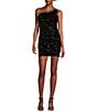 Midnight Doll Sequin One Shoulder Feather Trim Bodycon Dress, Color:Black - Image 1