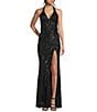 Midnight Doll Sequin Patterned Mesh Halter Neck Side Slit Dress - Image 1
