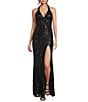 Midnight Doll Sequin Patterned Mesh Halter Neck Side Slit Long Dress - Image 1