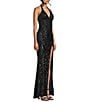 Midnight Doll Sequin Patterned Mesh Halter Neck Side Slit Long Dress - Image 3