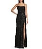 Midnight Doll Sequin Patterned Spaghetti Strap Square Neck Lace Up Back Side Slit Dress, Color:Black - Image 1