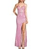 Color:Pink Sherb - Image 1 - Sequin V-Neck Asymmetrical Hem Lace-Up Back Long Dress