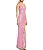 Color:Pink Sherb - Image 3 - Sequin V-Neck Asymmetrical Hem Lace-Up Back Long Dress