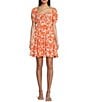 Color:Ivory/Orange - Image 1 - Short Sleeve Floral Print Front Tie Front Tiered Dress