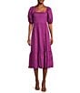 Color:Berry - Image 1 - Short Sleeve Square Neck Pleated Bodice A-Line Ruffle Hem Midi Dress