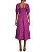 Color:Berry - Image 2 - Short Sleeve Square Neck Pleated Bodice A-Line Ruffle Hem Midi Dress