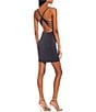 Color:Navy/Silver - Image 2 - Sleeveless Ruched-Front Metallic-Knit Sheath Dress