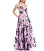 Color:Dark Lavender - Image 2 - Spaghetti Strap Illusion Deep V-Neck Printed Foil Floral Organza Pleated Ball Gown