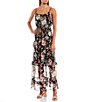 Color:Black Multi - Image 1 - Spaghetti Strap Pleated Ruffle Floral Maxi Dress