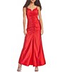 Color:Red - Image 2 - Spaghetti Strap V-Neck Ruched Satin Front Slit Long Dress