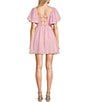 Color:Pink - Image 2 - Textured Check Puff Sleeve With Bow Back Detail Short Dress