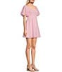 Color:Pink - Image 3 - Textured Check Puff Sleeve With Bow Back Detail Short Dress