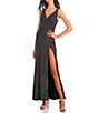 Color:Black/Silver - Image 1 - Sleeveless V-Neck Slit Hem Glitter Knit Long Dress