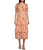 Color:Ivory/Orange - Image 1 - V-Neck Short Sleeve Printed Wool Dobby Tiered Midi Dress
