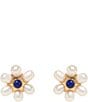 Color:White/Blue - Image 1 - Safi Freshwater Pearl & Lapis Flower Stud Earrings