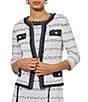 Color:White/Black - Image 1 - Aria Soft Knit Horizontal Striped Fringe Round Neck 3/4 Sleeve Jacket