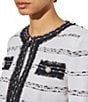 Color:White/Black - Image 4 - Aria Soft Knit Horizontal Striped Fringe Round Neck 3/4 Sleeve Jacket